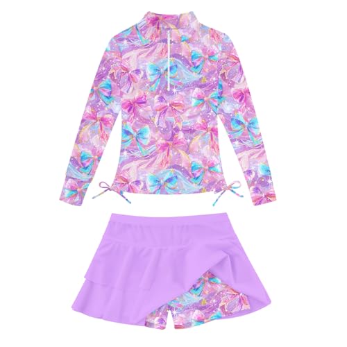 Image of Vogseek 3-12T Girls Swimsuit Long Sleeve Rashguard Bathing Suits Swim Set | Quick Dry, UPF 50+ Sun Protection, Swimming Skirt, Boyshorts, Zipper Two Piece Long Sleeve Swimsuits, Adjustable Drawstring