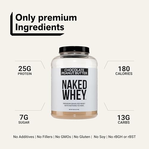 Image of NAKED Whey Chocolate Peanut Butter Grass Fed Whey Protein Powder, No GMO, No Soy, and Gluten Free, Aid Growth and Recovery - 52 Servings