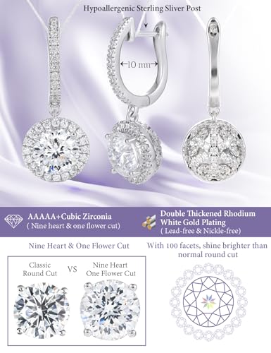 Round Cubic Zirconia Dangle Earrings for Women in White Gold Plated, Cz Halo Design and Half Ball Ear Drops with Paved Simulated Diamond, Lever Back and Sterling Silver Post2