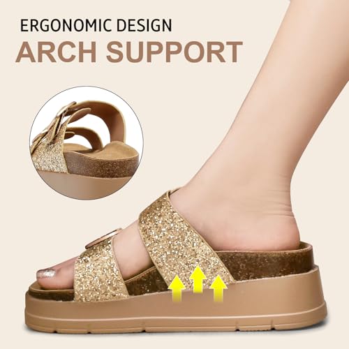 Image of Womens Platform Sandals Cork Footbed with Comfort Double Buckles,Slip on Platform Slides Summer Beach Wide Widths Sandal Shoes