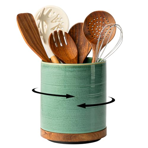 Image of Utensil Holder, 360 Rotating Extra Large Ceramic Kitchen Utensil Holder for Countertop, 7.3 inch Cooking Utensil Crocks for Kitchen Counter with Rotatable Wooden Base, Farmhouse Decor, Forest Green