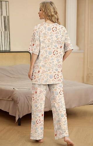 Image of PrinStory Womens Pajamas Sets 2 Piece Lounge Set Short Sleeve Tops and Long Pants Soft Pjs Loungewear with Pockets
