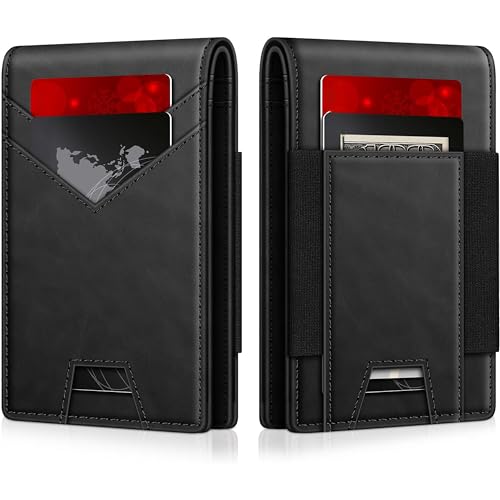 Image of Contacts Slim Leather Bifold for Men | RFID Blocking Card Holder with ID Window | Holds 13-17 Cards, Large Cash Slot | Thin Minimalist Front Pocket Design | Gift for Men (Black)