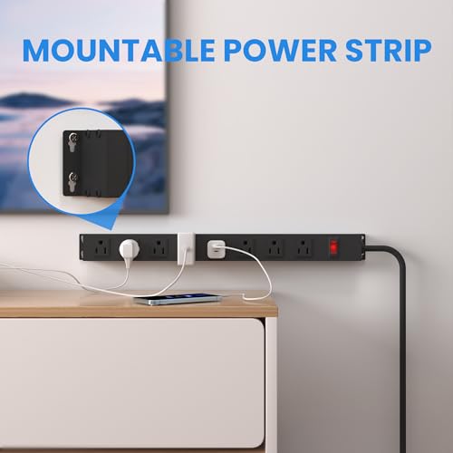 Image of 8 Outlet Metal Power Strip 10ft,Workshop Heavy Duty Power Strip Wide Spaced with Long Cord for Kitchen,Office,School,Commercial,Industrial,1825W /125V /15A,Black (10FT)