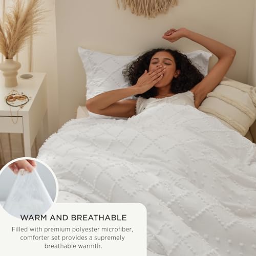 Image of Bedsure Twin XL Comforter Set - White Comforter, Boho Tufted Distressed Vintage Bedding for Kids, 2 Pieces Farmhouse-Style Bed Set for All Seasons, Fluffy Soft Bedding with 1 Pillow Sham