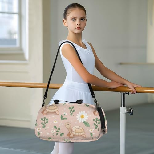 Duffle Bag for Boys or Girls with Shoes Compartment, Cute Little Turtle Daisy Sports Travel Bag Overnight3