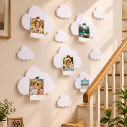 Image of 12 Pcs Cloud Felt Wall Decor Self-Adhesive Felt Bulletin Board 10 inch 9 inch 7 inch for Nursery Boho Aesthetic Room Decor Pin Board Wall Hanging for Bedroom Dorm Classroom Playroom