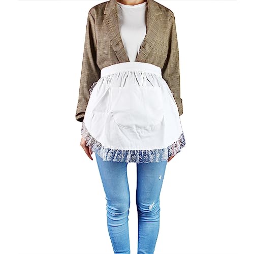 Aramox Cotton White Women Maid Lace Hem Kitchen Half Apron With Pocket for Bar Kitchen