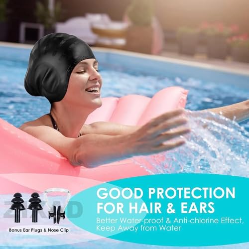 Image of TEKCOOL Designed Long Hair Swim Cap,Waterproof Silicone Swimming Cap for Adult Woman and Men,Keeps Hair Clean with Ear Protector Fresh Long Lasting Silicone Made Waterproof Swimming Cap (Blue)'