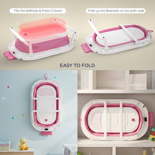 Image of Baybee Tubby Bath Tub for Baby 0-5 Years, Foldable Baby Bathtub for Kids with Anti Skid Base & Drainer, Space Saving Design, Newborn Baby Bathing Tub for Girls & Boys with Temperature Meter (Pink)