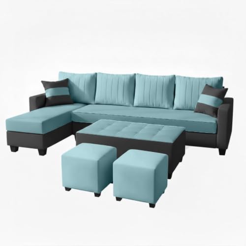 Image of FURNY Avenue 8 Seater Fabric LHS L Shape Sofa Set with 1 Centre Table & 2 Puffy (Sky Blue-Dark Grey) Premium Velvet Finish