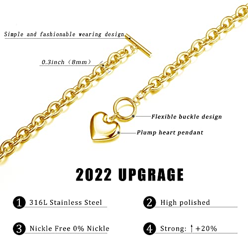 LOYALLOOK 3Sets Heart Pendant Necklace Toggle Chain Heart Bracelet Heart Stud Earrings for Women Stainless Steel Charm Love Heart Jewelry Set for Halloween