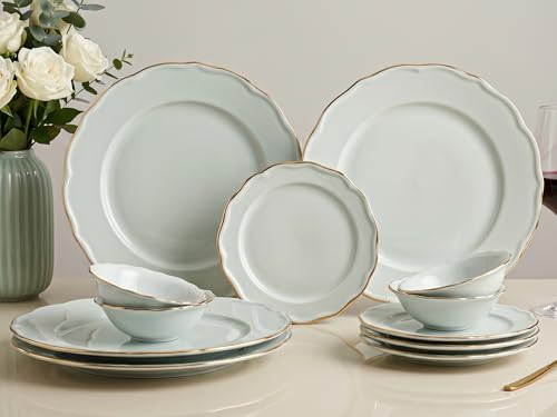 Image of Bodhi House 12-Piece Gold Rim Porcelain Dinner Set | Plates & Bowls Set | Lightweight, Chip Resistant, | Dishwasher Safe | Ideal for Home Dining & Gifting Tableware Set | White