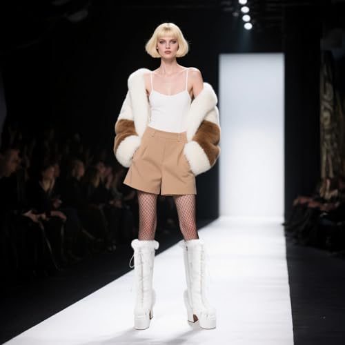 FancyQueen Platform Knee High Boots Women, Lace Up Goth Platform Faux Fur Boots Gothic Chunky Heel Winter Fuzzy Booties with Zipper4