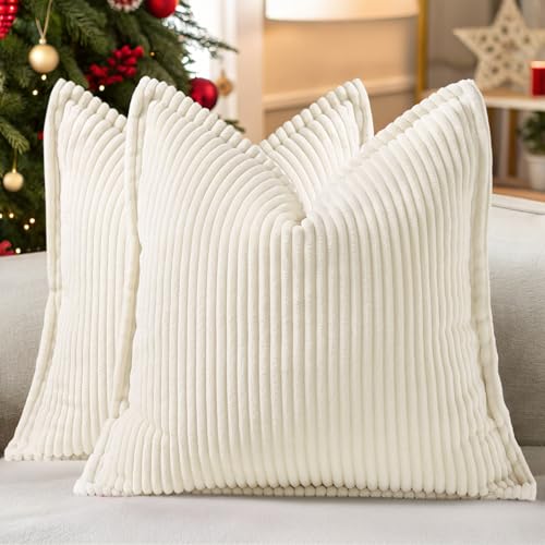decorUhome Christmas Corduroy Cream White Throw Pillow Covers 18x18 Set of 2 Decorative Soft Boho Farmhouse Euro Couch Pillow Covers for Living Room Bed Sofa Broadside Striped Pillow Cases