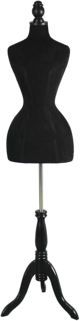 Female Mannequin Dress Form Hourglass Style Black Body on Black Tripod Wooden Base (B44)