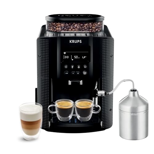 Krups Essential Kaffeevollautomat mit Milchschlauch, 2-Tassen-Funktion, LCD-Display, Einfache Reinigung, Kaffeemaschine, TÜV-Siegel, Schwarz, EA816031