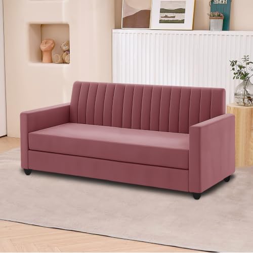 Image of 3+2 Fabric Sofa Set with Ottoman for Living Room | Modern Upholstered 5-Seater Couch | Soft Cushion, Premium Velvet Fabric-Rose Pink