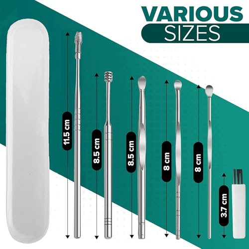 Image of Bennort 6 in 1 Ear Wax Removal and Cleaner Kit - Resuable Ear Pick Cleaning Tool with Storage Box,Stainless Steel Ear Pick Scoop,Spring,Spiral & Cleaning Brush,Ear Curette Kit for Adult & Kids, Silver