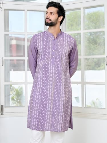 Image of See Designs Men's Full Sleeve Mandarin Collar Embossed Printed Cotton Chanderi Straight Long Kurta - Festive Collection