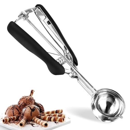 LightBeacon Cuillère à Glace, Cuillere Glace Boule 5cm, Cuillère à Glace en Acier Inoxydable avec Gâchette et Poignée Confortable, Pour Glace, Pâte, Fruits (Noir)