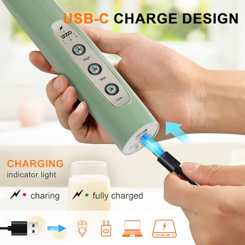 Image of YUSWKO Granite Green Handheld Milk Frother Wand for Coffee, Rechargeable Electric Whisk with 3 Heads 3 Speeds Drink Mixer Coffee Frother For Latte, Cappuccino, Hot Chocolate, Egg