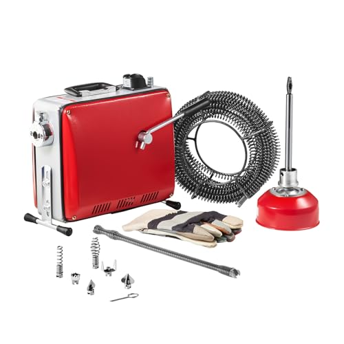 VEVOR Furet Déboucheur Canalisations Électrique, 400 W, 1400 tr/min, avec Câble à Ressort Acier 20 m x 16 mm, 5 m x 9,5 mm, 0,4 m x 12 mm, 6 Coupeurs, pour...