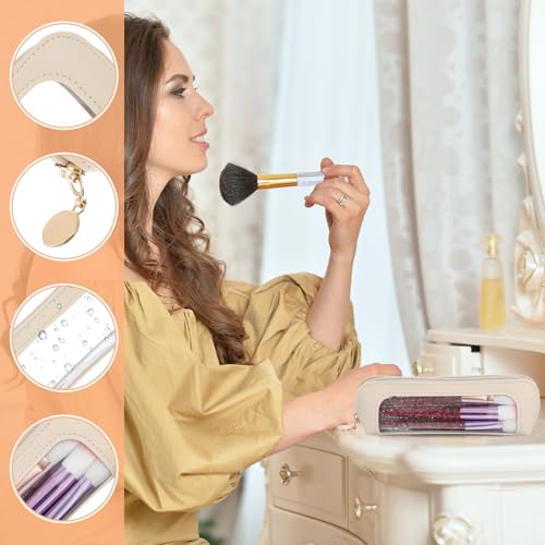 1 PCS Clear Pencil Case with Zipper PU Leather Clear Makeup Brush Bag Double Sided Toiletry Bag Portable Skincare Cosmetic Bags Transparent Waterproof Cosmetic Organizer Storage Bags for Women(Beige)3