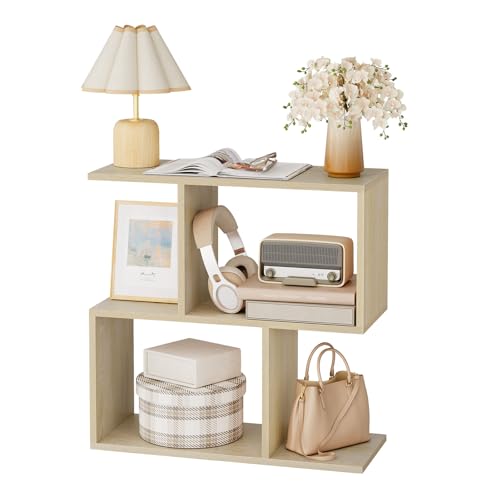 eSituro Beistelltisch S-Form, Couchtisch mit 4 Fächern, Nachttisch Wohnzimmertisch Kaffeetisch Telefontisch, kleiner Tisch für Couch Sofa Bett, 60x60x24 cm, helle Eiche