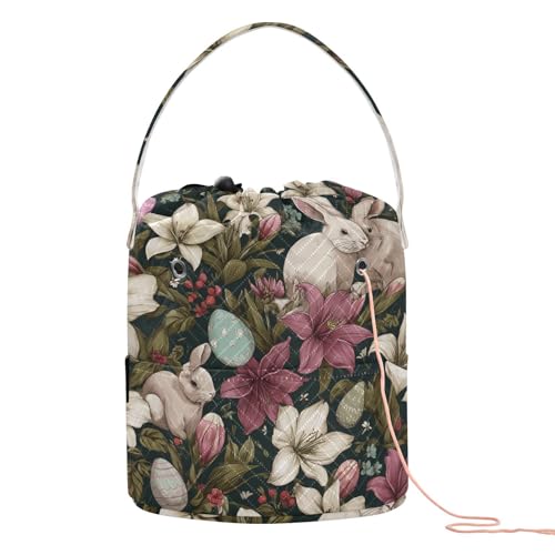 Image of ElliTarr Crochet Bag Yarn Bag with Handle Portable Knitting Project Bag Travel Yarn Storage Organizer Holder Case Black Rabbit Lily Easter Egg