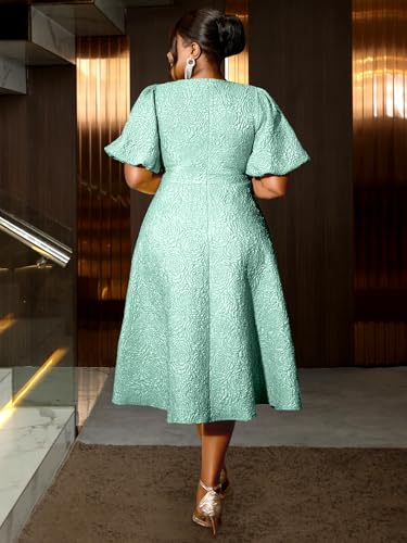 Image of AOMEI Women's Irregular Neck with Flower Short Puff Sleeve High Waist A-Line Jacquard Dress