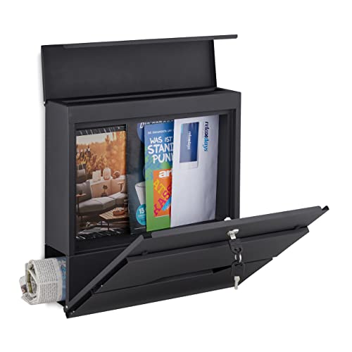 Relaxdays Briefkasten mit Zeitungsfach & Namensschild, HBT 37 x 37 x 11 cm, 2 Schlüssel, moderner Postkasten, schwarz