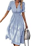 Eighosee Vestido de Verano para Mujer, con Mangas Abullonadas y Volantes, Cuello en V, Cintura Alta, Informal, Holgado, A Rayas, Midi Azul Real L