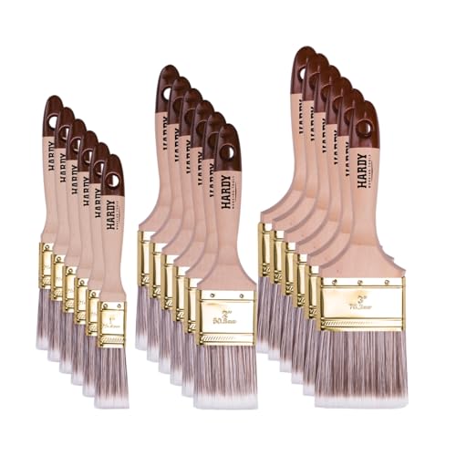 Hardy Working Tools 18 Stk. Flachpinsel-Set: 25 mm – 6 Stk. / 50 mm – 6 Stk. / 75 mm – 6 Stk. Serie 45, Synthetik Lasurpinsel, Flachpinsel mit Naturholzgriff, Lackierpinsel mit Stahlzwinge