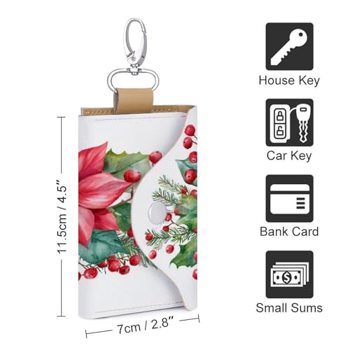 Red Christmas Flowers Holly Pinecones Key Holder Bag PU Leather ID Card Holder Keychains Case Cover for Men Women2