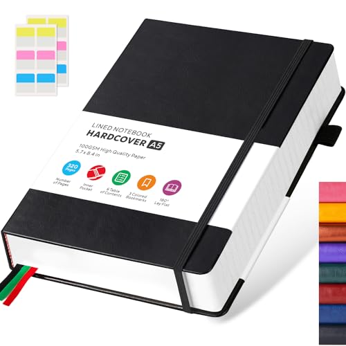 FOCUS DAY Notizbuch A5 Liniert, Tagebuch Leder, Hardcover 320 Seiten Dickes Journal Notizblock für Erwachsene Arbeit, Schreiben, Notizen, Lernen, Reisen, 14 x 21 cm, Schwarz