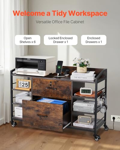 Image of VEVOR 2 Drawers Metal File Cabinet, Lateral Filing Cabinet with Lock and 6 Open Shelves, Wooden Wide Filing Storage Cabinets with Power Strip for Letter, A4, Legal Size File, Easy Assembly, Brown