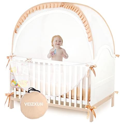 Safety Crib Tent,VEIZXUN Sturdy Crib Tent to Keep Baby in,Good Ventilation Mosquito Net for Baby,Pop Up Canopy Cover Baby Tent (Beige) Cover