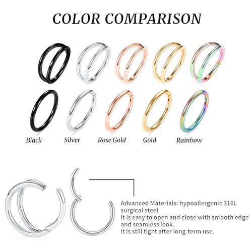 GAGABODY 2 Pcs Nose Rings 20G 18G 16G 14G 12G 10G 8G Surgical Steel Piercing Rings for Nose Septum Cartilage Helix Tragus Conch Rook Daith Lobe from 5mm to 16mm Seamless Hoop Unisex Hinged Earrings2