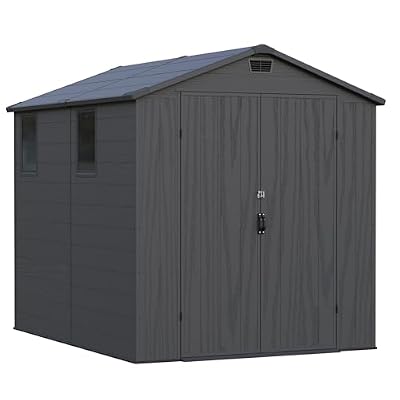 Greesum 6x8FT Plastic Outdoor Storage Shed with Floor, Resin Sheds with Lockable Double Door, Tool Sheds with Window and Vents, for Backyard, Garden, Patio, Dark Gray
