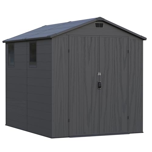 Image of Greesum 6x8FT Plastic Outdoor Storage Shed with Floor, Resin Sheds with Lockable Double Door, Tool Sheds with Window and Vents, for Backyard, Garden, Patio, Dark Gray