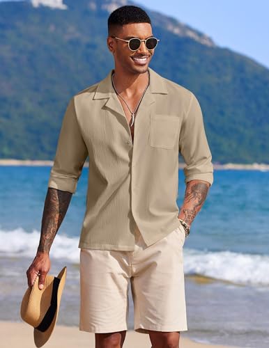 Image of DEELMO Mens Casual Button Down Shirt Summer Beach Shirts Long Sleeve Cuban Collared Tropical Textured Shirts