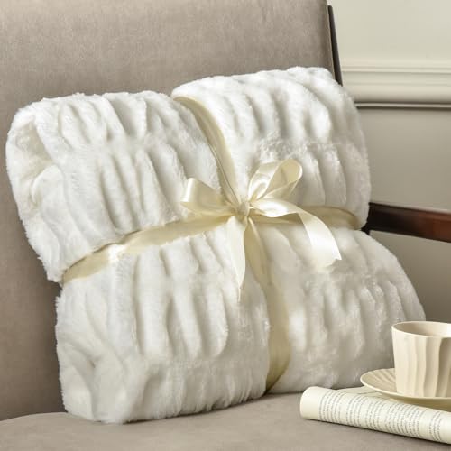 PHF Fluffy Ruched Faux Fur Throw Blanket Twin Size for Couch,Cozy Plush Soft Luxury Warm for Fall Winter,Reversible Furry Thick Lightweight Blanket for Bed Sofa,Aesthetic Room Decor,60*80 Inches,White