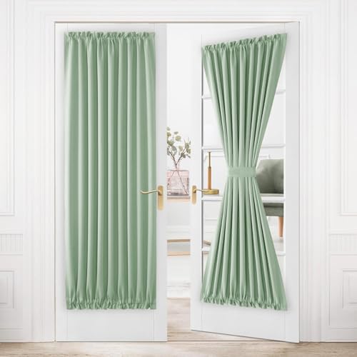 Image of DWCN French Door Curtains - Rod Pocket Thermal Blackout Curtain for Doors with Glass Window, Kitchen and Patio Doors for Privacy, 54 X 72 Inches Long, 1 Curtain Panel with Tieback, Bean Green