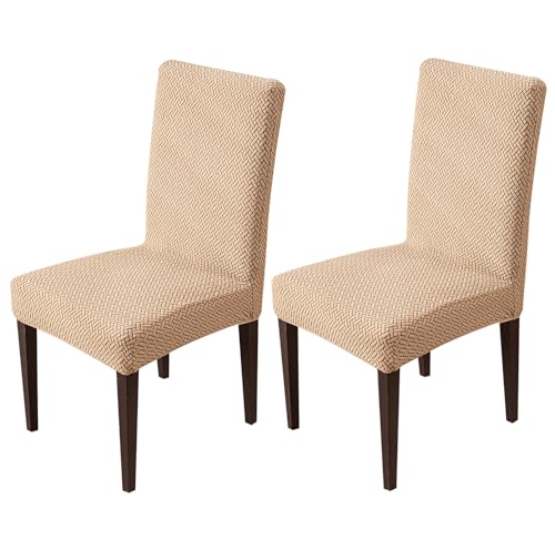 Image of House of Quirk Elastic Jacquard Chair Cover Stretch Removable Washable Short Dining Chair Cover Protector Seat Slipcover (Pack of 2, Khaki)