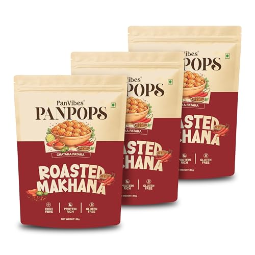 PanVibes PanPops Roasted Makhana Chataka Pataka Flavoured Snacks, Gluten Free, Crunchy Nuts for Tea Time, Travel & Everyday Munching| 50g Per (Pack of 3)