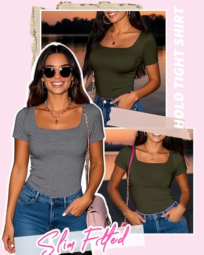 Ficerd 3 Pack Women's Cotton Square Neck Shirts, Short Sleeve Slim Fit Tops Summer Scoop Neck Casual Basic T-Shirts Tee2