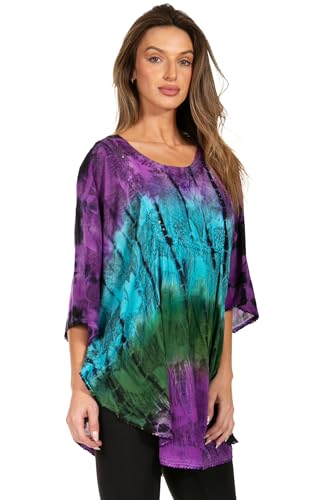 Sakkas Ellesa Ombre Tie Dye Circle Poncho Blouse Shirt Top with Sequin Embroidery4