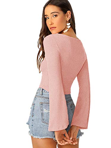 Image of SweatyRocks Women's Adjustable Drawstring String Long Bell Sleeve Rib Knit Sexy Crop Top