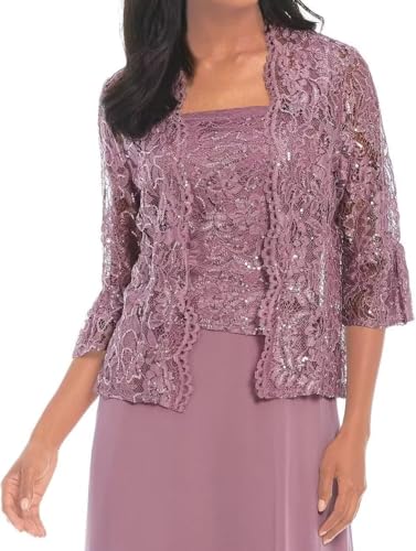 2 Piece Mother of The Bride Dresses for Wedding Tea Length Chiffon Lace Formal Evening Dress with Jacket 9673